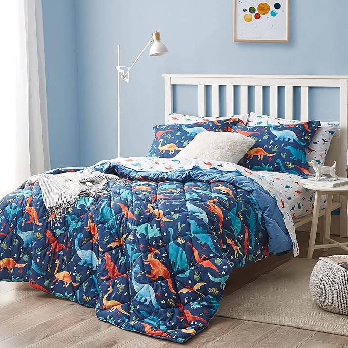 Kids Twin Bedding Comforter Set for Boys, 5 Pieces Soft Lightweight Dinosaur Bedding Twin Set with Sheets, Bed in a Bag, Durable Boys Twin Comforter Set