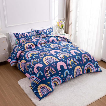 Btargot Lightweight Soft 3 Piece Rainbow Comforter Set with 2 Pillow Covers, Cartoon Love Hearts Suns and Stars Bedding Set for Girls Boys Kids, Twin Dark Blue