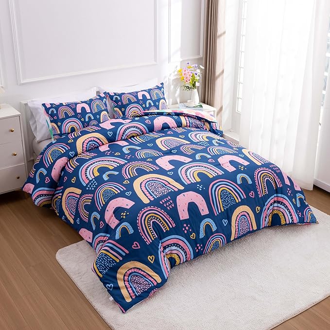 Btargot Lightweight Soft 3 Piece Rainbow Comforter Set with 2 Pillow Covers, Cartoon Love Hearts Suns and Stars Bedding Set for Girls Boys Kids, Queen Dark Blue