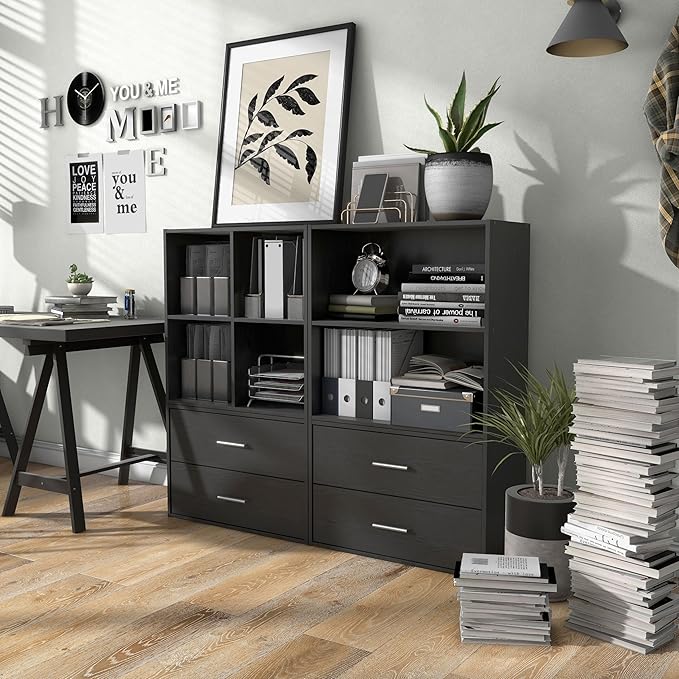Apexa 2-Tier Cube Storage Organizer Shelves, Stackable Wood Bookcase Fits Cubby Bins for Organization, Dorm Teen Room Decor & Home Office, Black