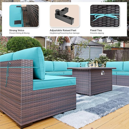 Kullavik 10 Pieces Outdoor Patio Furniture Set with 43" Gas Propane Fire Pit Table PE Wicker Rattan Sectional Sofa Patio Conversation Sets,Blue