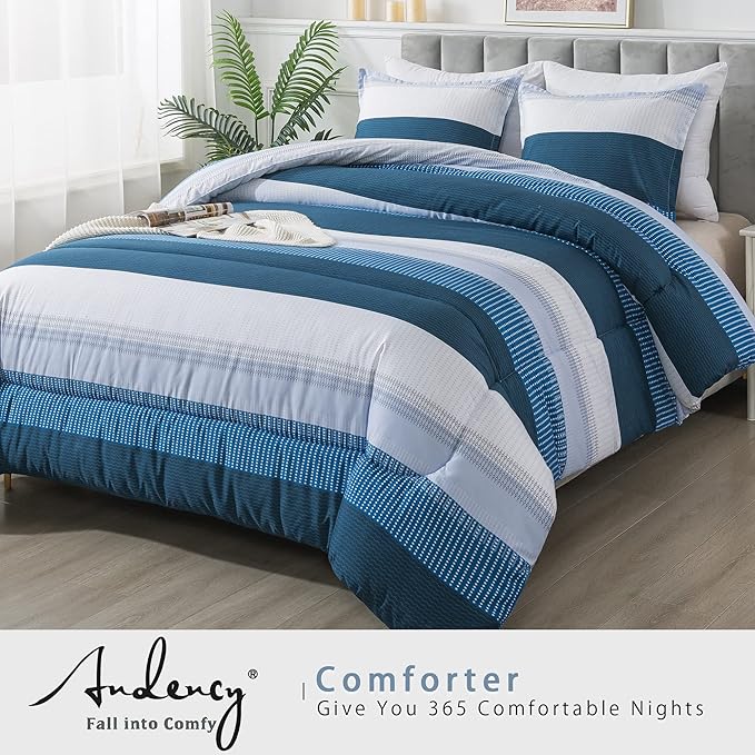 Andency Stripe Comforter Set Queen Size (90x90 Inch), 3 Pieces Navy Patchwork Striped Comforter, Soft Microfiber Down Alternative Comforter Bedding Set with Corner Loops