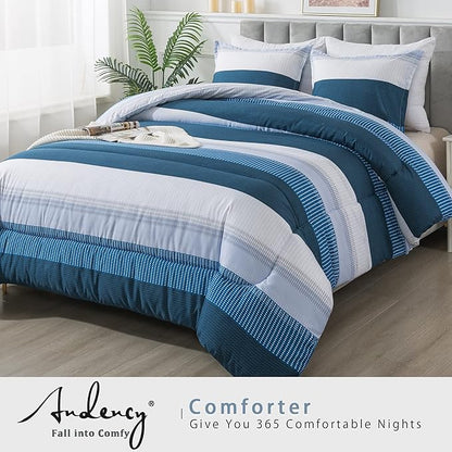 Andency Stripe Comforter Set Queen Size (90x90 Inch), 3 Pieces Navy Patchwork Striped Comforter, Soft Microfiber Down Alternative Comforter Bedding Set with Corner Loops