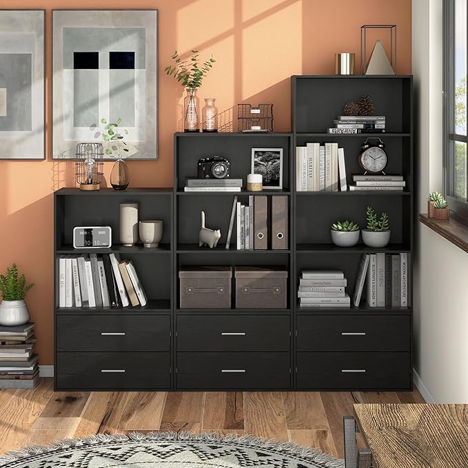 Apexa 3-Tier Cube Storage Organizer Shelves, Stackable Wood Bookcase Fits Cubby Bins for Organization, Dorm Teen Room Decor & Home Office, Black