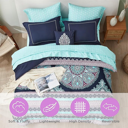 Degrees of Comfort Teen Twin Complete Comforter Sets for Girls, Boho Medallion Tween Bed in A Bag 6 Piece, Blue Microfiber Bedding Set with Sheets, Matching Decorative Pillow