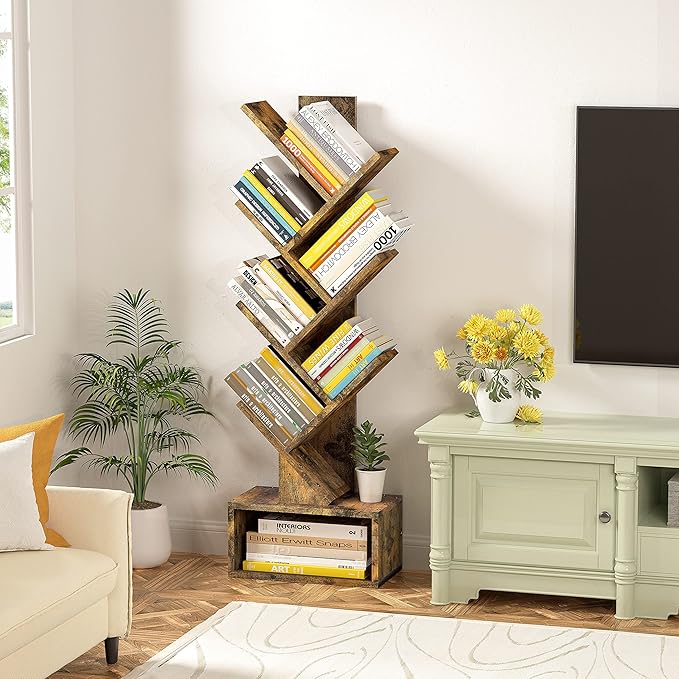 Hoctieon 6 Tier Tree Bookshelf, Tall Bookcase with Drawer, Freestanding Book Shelf, Display Floor Standing Storage Shelf, Book Organizer Shelves for Home Office, Rustic Brown