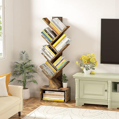 Hoctieon 6 Tier Tree Bookshelf, Tall Bookcase with Drawer, Freestanding Book Shelf, Display Floor Standing Storage Shelf, Book Organizer Shelves for Home Office, Rustic Brown