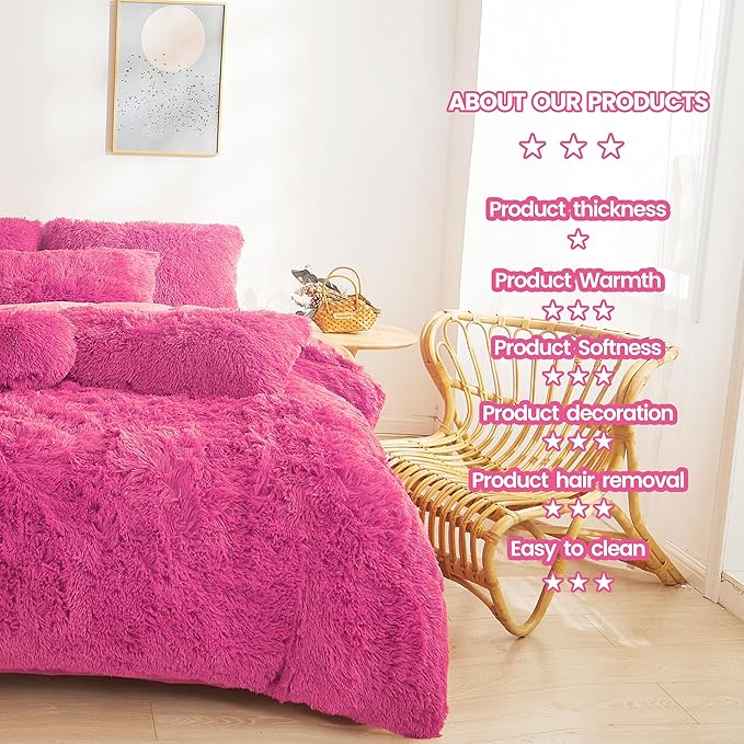 FOPPA Hot pink fluffy Comforter Cover Set king- Ultra Soft fluffy hot pink Bedding Sets 3 Pieces (1 Duvet Cover + 2 Pillow case) hot pink fluffy bed set (Hot pink, King)