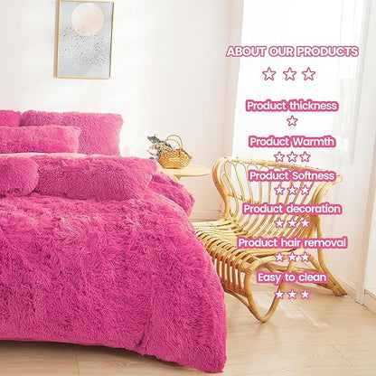 FOPPA Hot pink fluffy Comforter Cover Set king- Ultra Soft fluffy hot pink Bedding Sets 3 Pieces (1 Duvet Cover + 2 Pillow case) hot pink fluffy bed set (Hot pink, King)