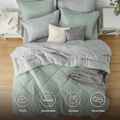 Bedsure Sage Green Queen Comforter Set - 7 Pieces Reversible Bed Set Sage Green Bed in a Bag Queen with Comforters, Sheets, Pillowcases & Shams, Queen Bedding Sets