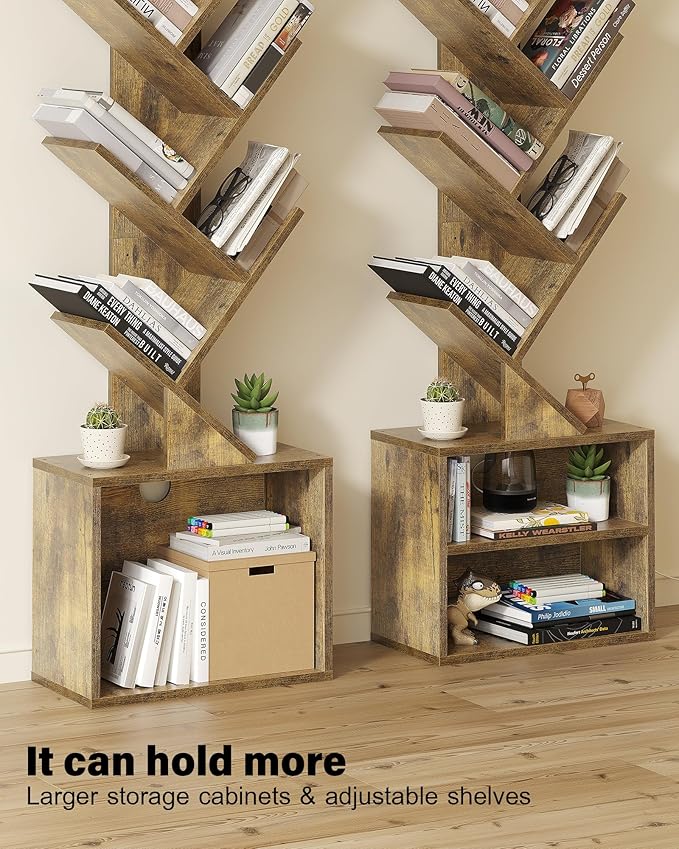 SUNMORY 6 Tier Tree Bookshelf, Small Bookcase with Storage Cabinet, Modern Tall Narrow Bookshelves Organizer, Floor Standing Book Shelf for Bedroom/Living Room/Home Office/Corner, Rustic Brown
