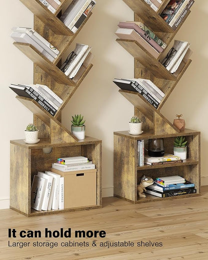 SUNMORY 6 Tier Tree Bookshelf, Small Bookcase with Storage Cabinet, Modern Tall Narrow Bookshelves Organizer, Floor Standing Book Shelf for Bedroom/Living Room/Home Office/Corner, Rustic Brown