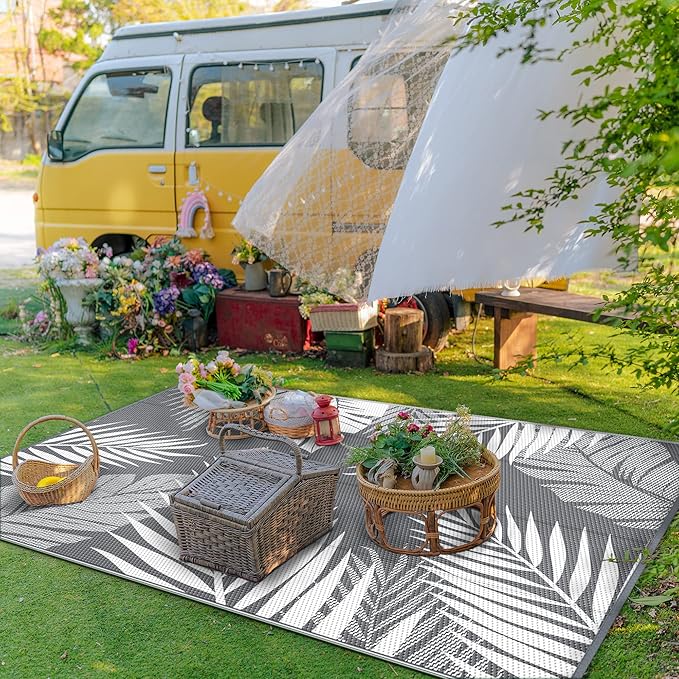 GENIMO Outdoor Rug 4' x 6' Waterproof for Patios Clearance, Reversible Outdoor Plastic Straw Camping Rug Carpet, Large Area Rugs Mats for RV, Camper, Deck, Balcony, Porch, Beach, Picnic, Grey&White