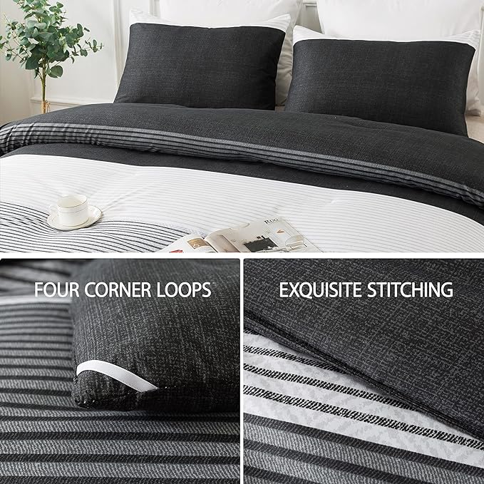 Andency Twin Comforter Set Black, 2 Pieces Black White and Gray Patchwork Striped Comforter(66x90 Inch), Soft Microfiber Down Alternative Twin Comforter Bedding Sets with Corner Loops
