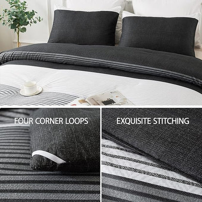 Andency Twin Comforter Set Black, 2 Pieces Black White and Gray Patchwork Striped Comforter(66x90 Inch), Soft Microfiber Down Alternative Twin Comforter Bedding Sets with Corner Loops