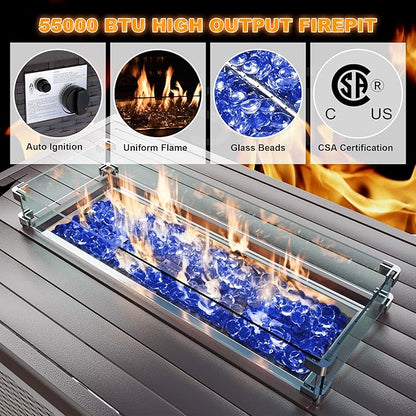 Patio Furniture Set with Fire Pit Table 8 PCS Outdoor Sectional Furniture Outdoor Rattan Patio Conversation Sets with 43in 55,000 BTU Propane Gas Fire Pit Table Glass Table, Blue