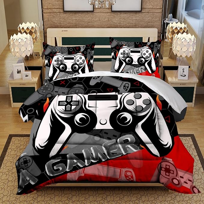 Sunnycitron Red Gamer Comforter Set for Boys Gaming Bedding Set Teens Game Room Decor Twin (1 Comforter + 2 Pillowcase)