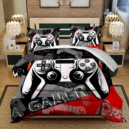 Sunnycitron Red Gamer Comforter Set for Boys Gaming Bedding Set Teens Game Room Decor Full (1 Comforter + 2 Pillowcase)