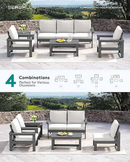 SERWALL HDPE Patio Coversation Set, 7-piece Outdoor Sectional Sofa Set, All Weather Patio Couch Set Patio Furniture for Balcony, Deck, Navy Frame with Grey Cushion