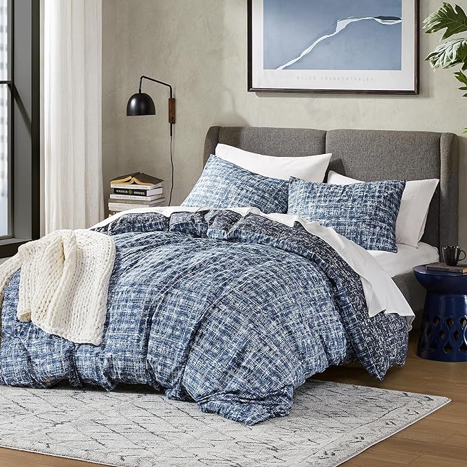 Hyde Lane Comforter King Size for Men, Blue Modern Farmhouse Aesthetic Soft Bedding Set, Masculine Plaid Lines Pattern Bed Sets for All Season, 3 Pieces includes 1 Comforter, 2 Shams (104"x 90")