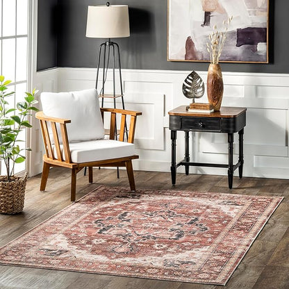 nuLOOM Emmy Faded Persian Machine Washable Ultra Thin Area Rug, 5' x 8', Red