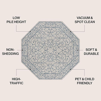 JONATHAN Y Vintage Filigree Indoor Outdoor Octagon Area Rug 8 Ft Gray/Navy, Charleston Textured Weave for Backyard, Patio, Porch, Easy-Cleaning, High Traffic, Pet-Friendly, Non-Shedding SMB106C-8TGN