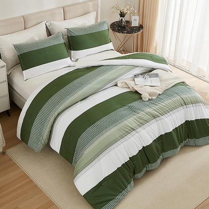 Litanika Olive Green Comforter Set Queen - 3 Pieces Lightweight Olive Green White Colorblock Stripe Fluffy Bedding Comforter Sets, All Season Bed Set