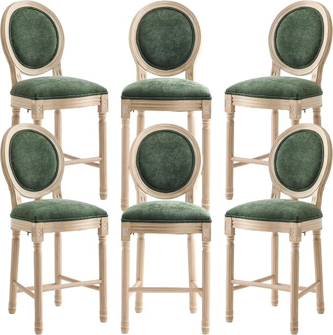 French Country Barstool, Linen Farmhouse Counter Height Chair | Set of 6, with Cushion Round Back and Solid Wood Legs, Oval Chairs for Restaurant, Bar, Kitchen, Café, Green