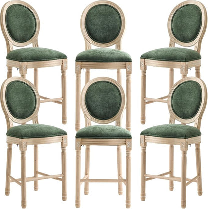 French Country Barstool, Linen Farmhouse Counter Height Chair | Set of 6, with Cushion Round Back and Solid Wood Legs, Oval Chairs for Restaurant, Bar, Kitchen, Café, Green