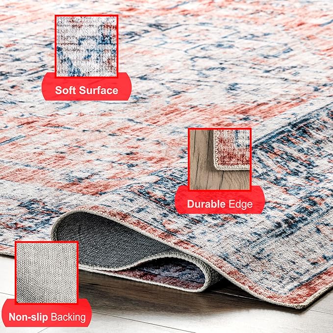 nuLOOM Rina Faded Persian Machine Washable Ultra Thin Area Rug, 5' x 8', Rust