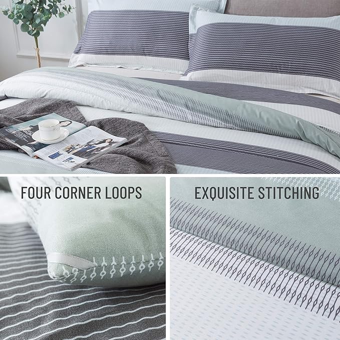 Andency Stripe Comforter Set Queen Size (90x90 Inch), 3 Pieces Mint Green Patchwork Striped Comforter, Soft Microfiber Down Alternative Comforter Bedding Set with Corner Loops