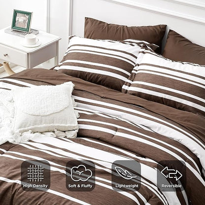 Bedsure Bed in a Bag Twin Size 5-Piece Brown White Striped Bedding Comforter Sets All Season Bed Set with 1 Pillow Sham, Flat Sheet, Fitted Sheet and 1 Pillowcase