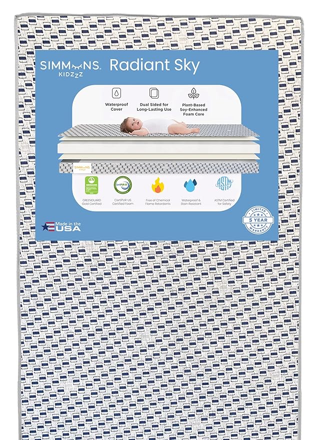Delta Children Perry 6-in-1 Convertible Crib - Greenguard Gold Certified, Moonstruck Grey + Simmons Kids Radiant Sky Dual Sided Baby Crib Mattress and Toddler Mattress (Bundle)