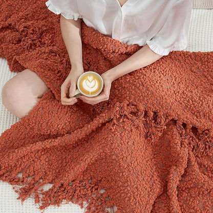Amélie Home Knit Throw Blanket with Tassels for Couch, Luxury Boho Throw Blanket for Summer Orange, 50"x60"