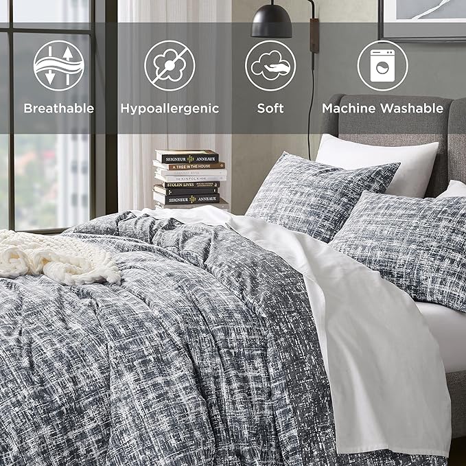 Hyde Lane Mens Full/Queen Comforter Set, Grey Modern Farmhouse Aesthetic Soft masculine Bedding, Plaid Lines Pattern Bed Sets for All Season, 3 Pieces includes 1 Comforter, 2 Shams (90"x 90")