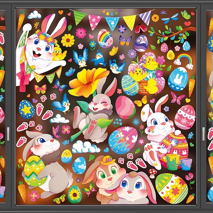 Large Easter Window Clings - Bunny Window Stickers Decals for Glass Windows, Cute Easter Egg Double Sided Reusable Window Holiday Decorations, Bird Office Spring Patry Decor, 9Sheet/121PCS