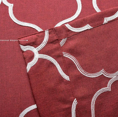 MIUCO Moroccan Embroidery Semi Sheer Curtain Panels Faux Linen Grommet Curtains for Kids Room 52 x 95 Inch 2 Panels, Burgundy