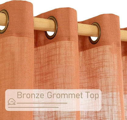 LAMIT Semi Sheer Linen Curtains 45 Inches Long, Bronze Grommet Light Filtering Panels Country Decor Drapes for Bedroom/Farmhouse/Windows, 52 x 45 Inch, Burnt Orange, 2 Panels Set