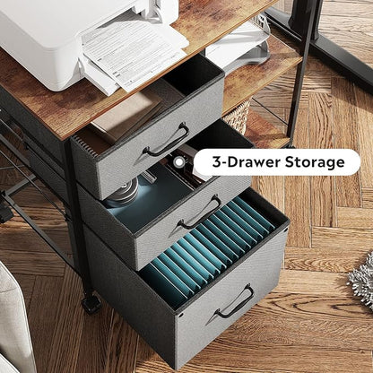 DEVAISE 3 Drawer Mobile File Cabinet, Rolling Printer Stand with Open Storage Shelf, Fabric Lateral Filing Cabinet fits A4 or Letter Size for Home Office, Rustic Brown