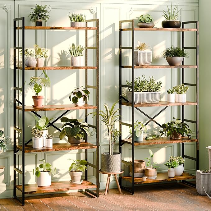 Shintenchi 2 Pieces 5 Tiers Bookshelf, Classically Tall Bookcase Shelf, Industrial Book Rack, Modern Book Holder in Bedroom/Living Room/Home/Office, Storage Rack Shelves for Books/movies-Rustic Brown