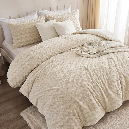 Andency Beige Fleece Comforter Set Full, 3 Pieces Fuzzy Shaggy Faux Fur Bedding Comforter Set, Warm Soft Plush Fluffy Sherpa Bed Comforter Set for Winter