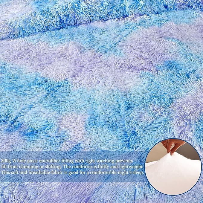 WINLIFE Shaggy Bedding Comforter Set Faux Fur Flannel Furry Comforter Microfiber Plush Comforter Sets Pastel Gradient Ombre Tie Dye MultiColor Bedding for Girls Adults (3Pcs, Queen, Purple Blue)