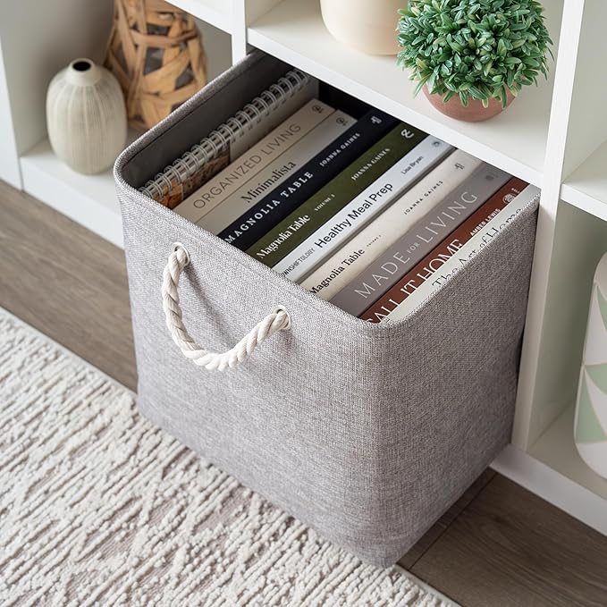 OrganiHaus 13x13 Cube Storage Bins 4 Pack, Foldable Cube Storage Organizer w/ Rope Handles, Collapsible Fabric Bins for Toys, Clothes & Closet Organization, Fabric Square Baskets - Gray