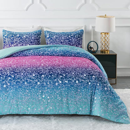 Litanika Galaxy Comforter Full(79x90lnch), 3 Pieces(1 Blue Glitter Ombre Comforter, 2 Pillowcases), 3D Colorful Rainbow Bedding Set, Microfiber Comforter Set for Kid Boy Girl Teen