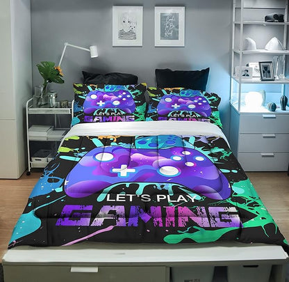 Sunnycitron Gaming Comforter sets for Boys Bedding Sets Kids Bed Comforter Set Gamer Bedding with Comforter Queen size Boys Teen Gamer Gamepad Comforter Set for Gaming bed,1Comforter 2Pillowcases