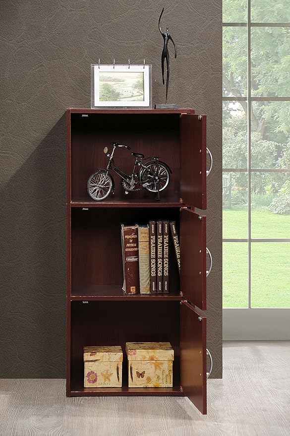 HODEDAH 3 Door Bookcase Cabinet, Mahogany