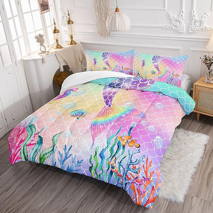 Datura home Bedding Comforter Set Rainbow Pink Mermaid Tail Printed Pattern Quilt with 1 and 2 Pillowcases for Girls Bedroom All Season(Rainbow Queen) Queen 90x90inches