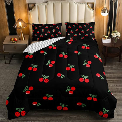 Erosebridal Red Cherry Bedding Set for Kids, Fruit Kawaii Comforter Set Full, Cute Cherry Cartoon Quilted Duvet for Boys Girls Women Bedroom Decor, Reversible Luxury Cherry Quilted Comforter, Black