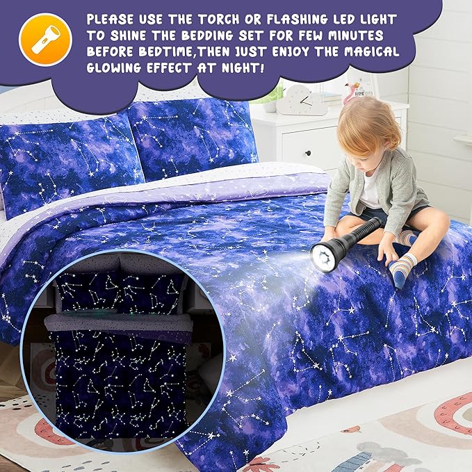 KALEIDOSPACE Full Size Comforter Sets - Bedding Sets Full 7 Pieces, Glow in The Dark Bed in A Bag Full, Lightweight Galaxy Bedding Sets for Kids, Teens, Women & Men