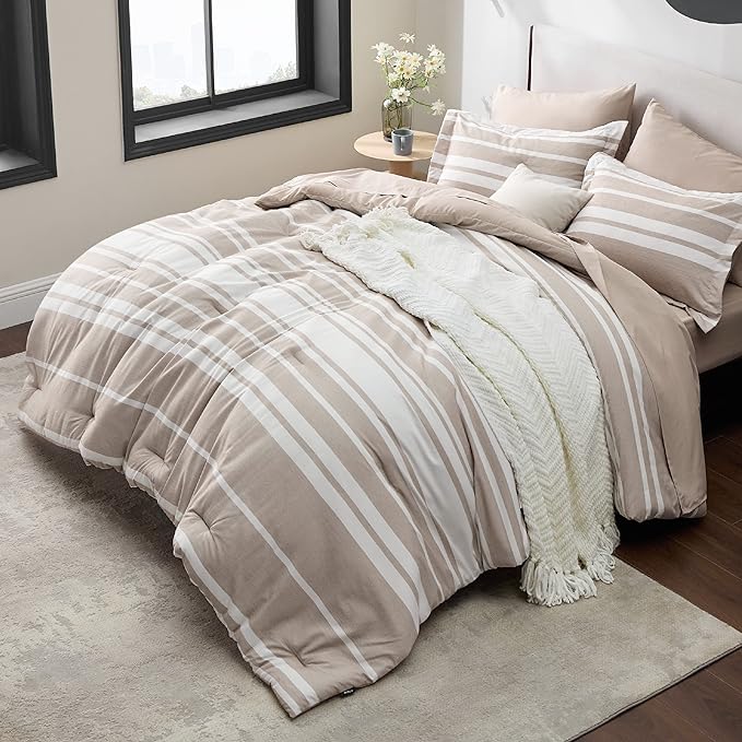Bedsure Bed in a Bag King Size 7 Pieces, Light Camel White Striped Bedding Comforter Sets All Season Bed Set, 2 Pillow Shams, Flat Sheet, Fitted Sheet and 2 Pillowcases